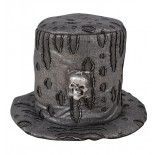 P'TIT Clown re21450, Chapeau tissu Haut de forme gris métal avec Tête de mort 