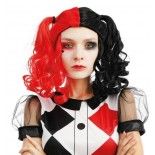 P'TIT Clown re23587 - Perruque arlequin avec couettes noir, rouge