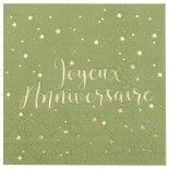 Sachet de 20 petites serviettes Joyeux Anniversaire métallisées, vert Sauge