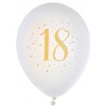 Sachet de 8 ballons Joyeux Anniversaire 18 ans, blanc impression Or