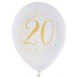 Sachet de 8 ballons Joyeux Anniversaire 20 ans, blanc impression Or