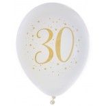 Sachet de 8 ballons Joyeux Anniversaire 30 ans, blanc impression Or