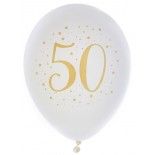 Sachet de 8 ballons Joyeux Anniversaire 50 ans, blanc impression Or