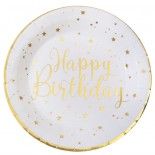 SANTEX 6745-1, Sachet de 10 Assiettes Happy Birthday métal, Blanc/Or