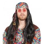 P'TIT Clown re68604 - Perruque hippie homme, raide noire avec tresse en tissu