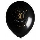 Sachet de 8 ballons Age étincelant Noir/or, 30 ans