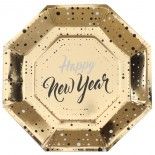 Paquet de 10 Assiettes Happy New Year 23cm octogonales, Or