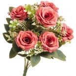 Bouquet de 6 Roses et feuillage, 43cm rose