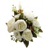 Grand Bouquet de 7 Fleurs avec feuillages 43cm, Blanches