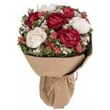 Déco Bouquet Fleurettes et Roses dans kraft 14cm, Blanc/Rouge