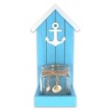 Bougeoir Bord de Mer turquoise, en verre et bois 25,5cm