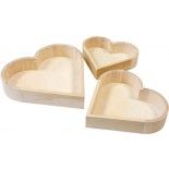 Lot de 3 Corbeilles COEURS en BOIS brut 16,5cm-26cm