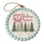 Déco bois blanchi Joyeux Noël ronde avec perles vertes 25cm