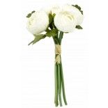 Bouquet de 4 Renoncules et bouton avec raphia 23cm, Blanc naturel