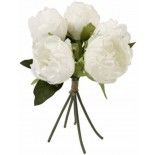 Bouquet de 5 Pivoines avec feuilles 27cm, Blanc