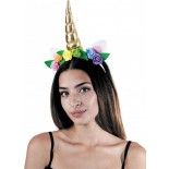Party Pro 865109, Serre-tête licorne doré avec fleurs